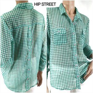 AMERICAN RAG Shirt Blouse M Green Chiffon Gingham Roll Tab Sleeves LS